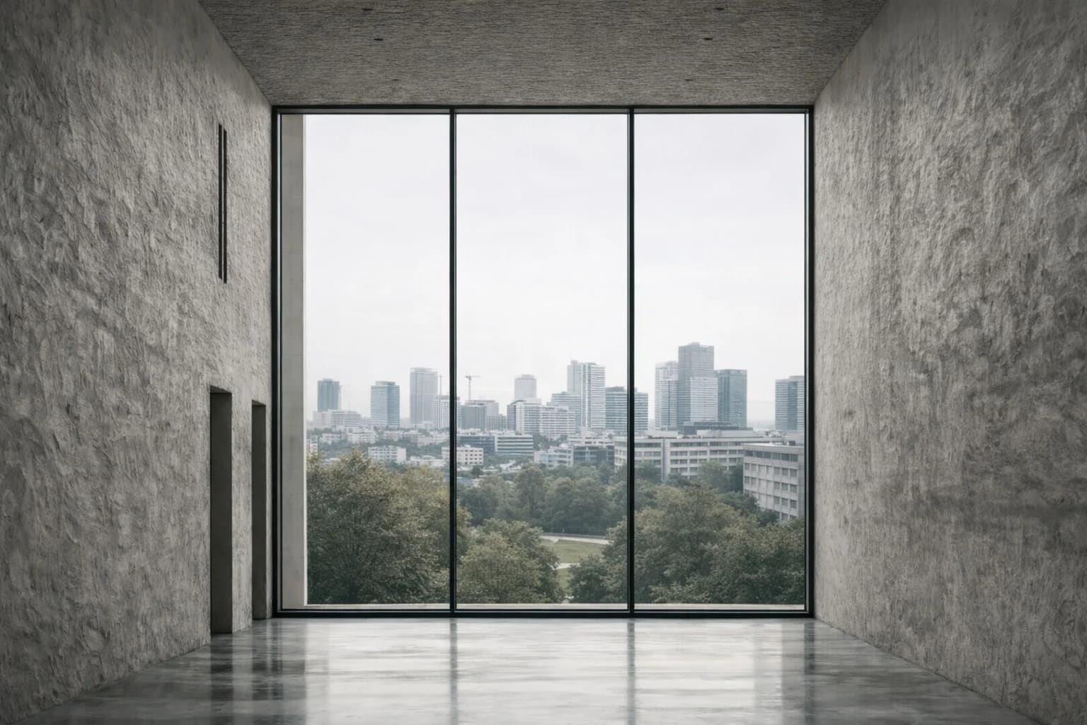 Heller Innenraum mit großer Fensterfront und Blick auf die Stadt